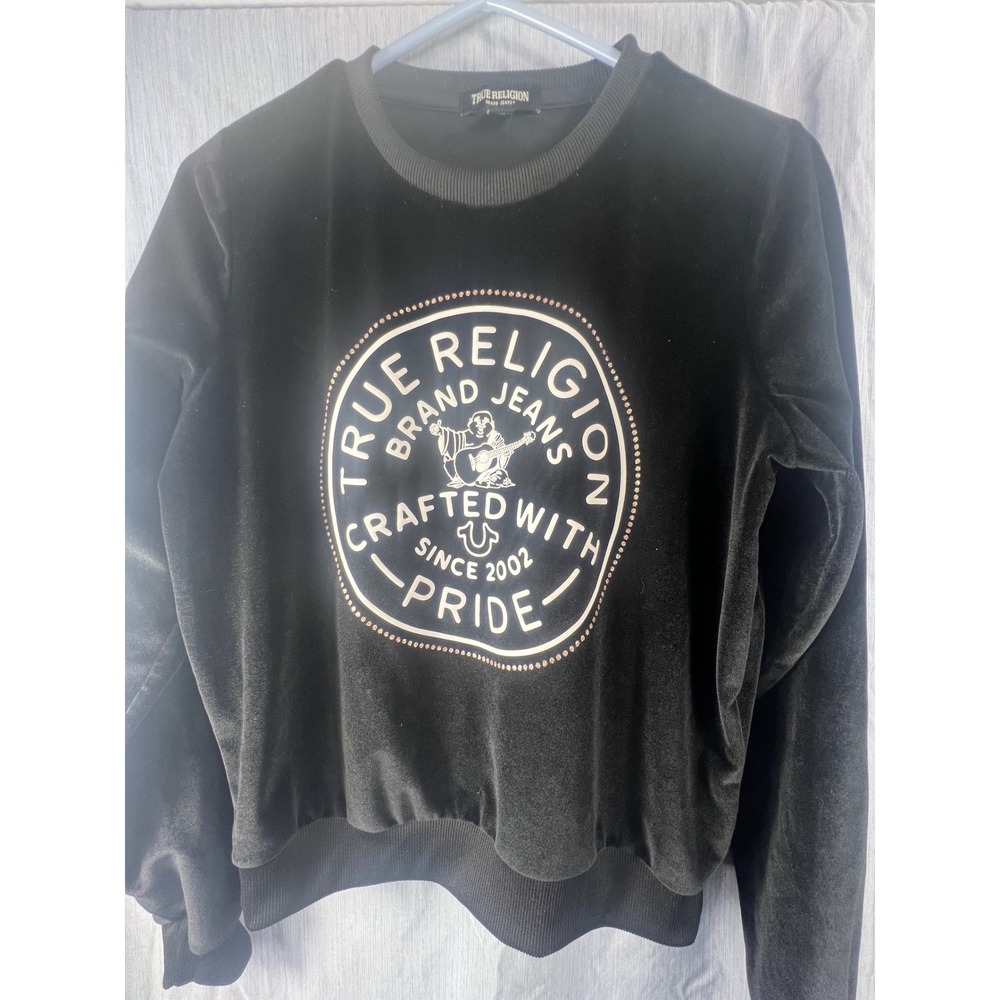 True Religion Womens Black Velour Rhinestone Logo Sweatshirt Crewneck Small S/P